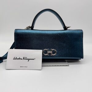 Salvatore Ferragamo Authentic Gancini Mini 2-Way Deep Sky Blue Leather Bag